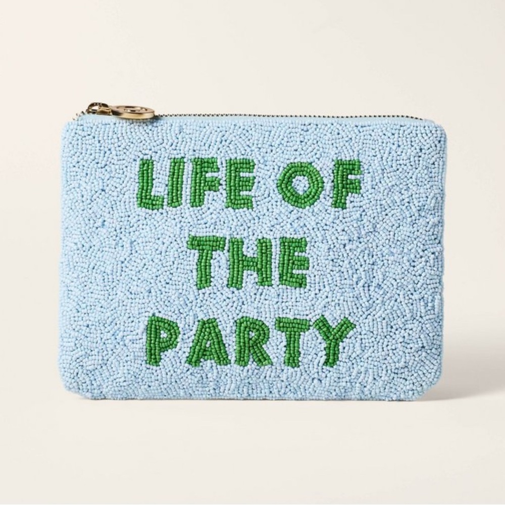 Beaded Blue Pouch with Green Text